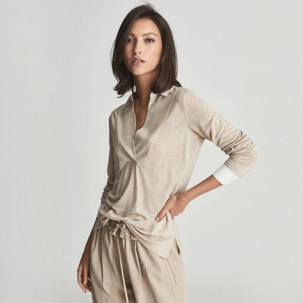 Reiss Georgia Fine Jersey Polo Top Women's Size L Beige Lyocell Long Sleeve